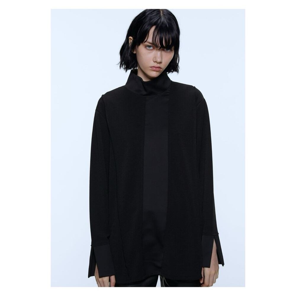 ZARA Paneled Satin Top Women's Size S Black Minimalist‎ Chic